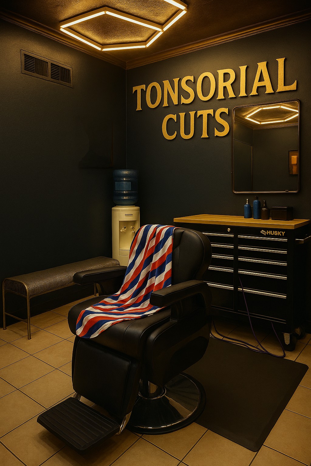 Modern barber shop interior with chair and tools