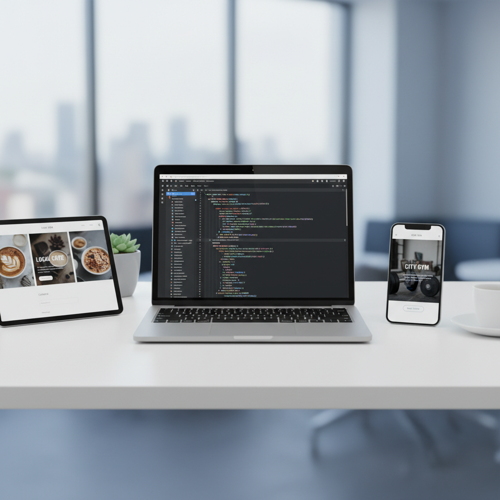 Clean, professional web design workspace showing a laptop with website code and mobile-friendly layouts for local businesses