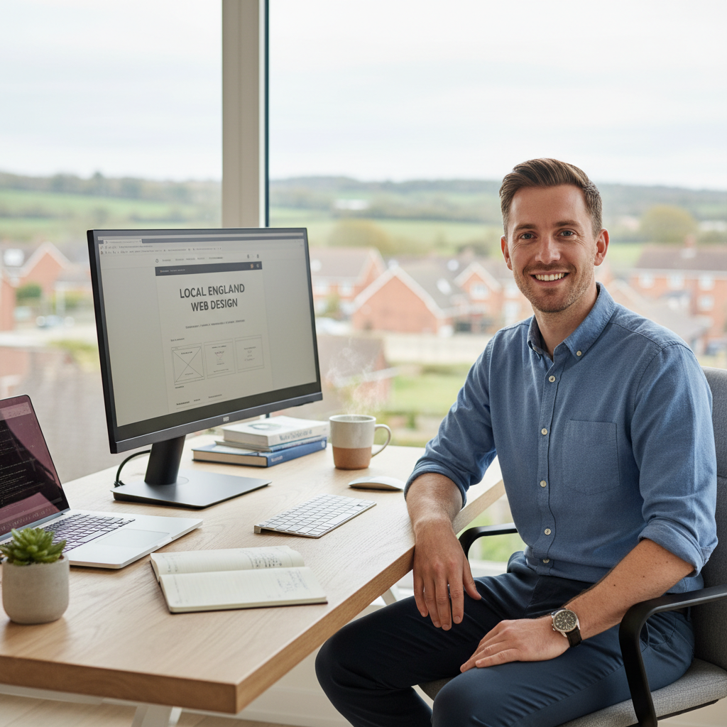 Professional and approachable web developer based in England, working at a clean desk.