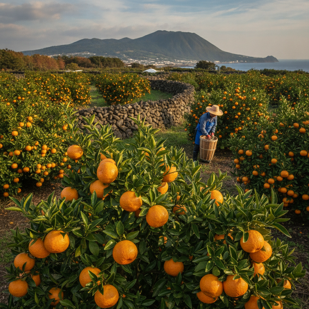A woman in modest activewear in a peaceful yoga pose on a cliff overlooking the serene blue ocean of Jeju Island.
