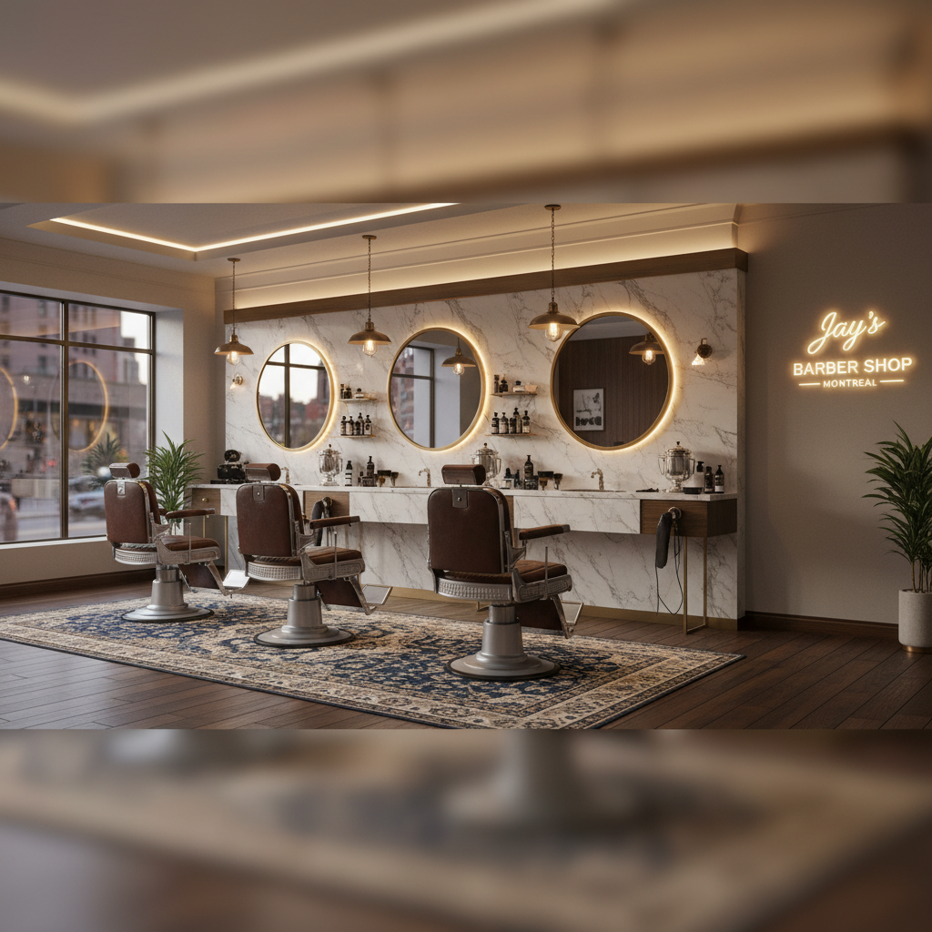 Photorealistic 3D render of luxury modern barbershop interior with leather chairs marble counters and warm ambient lighting