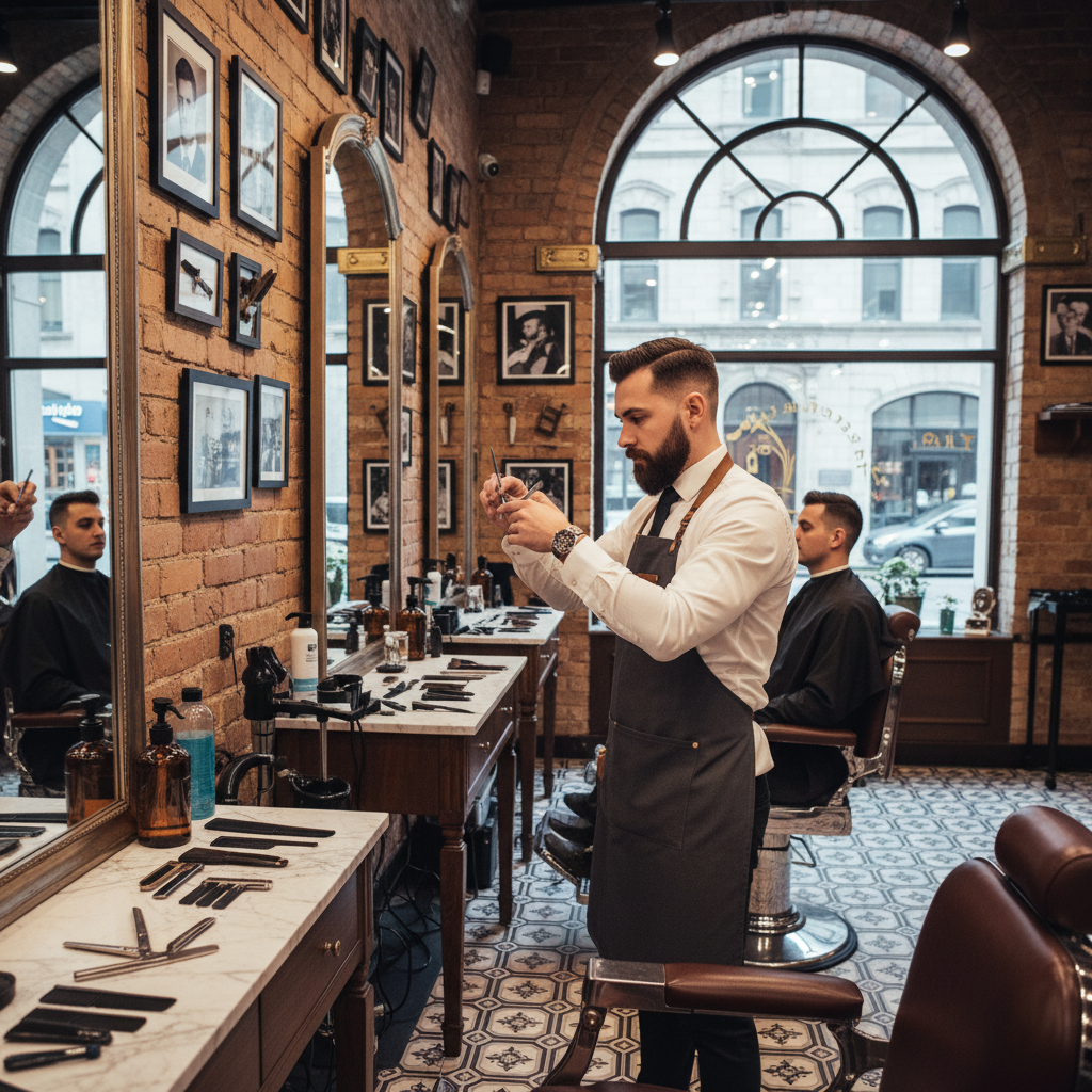 Photorealistic 3D render of master barber performing precision haircut with professional tools in upscale barbershop