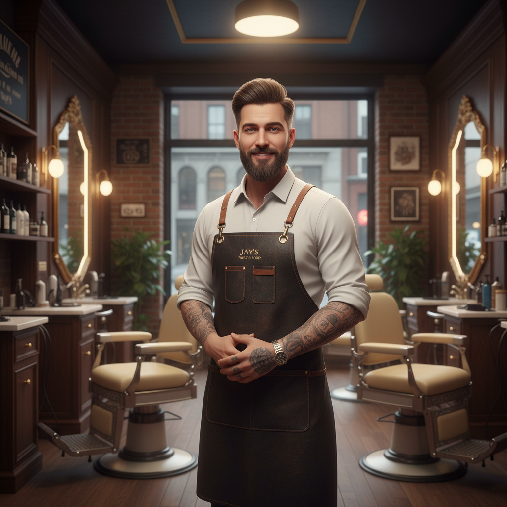 Professional 3D render portrait of Jay master barber founder wearing dark apron in luxury barbershop