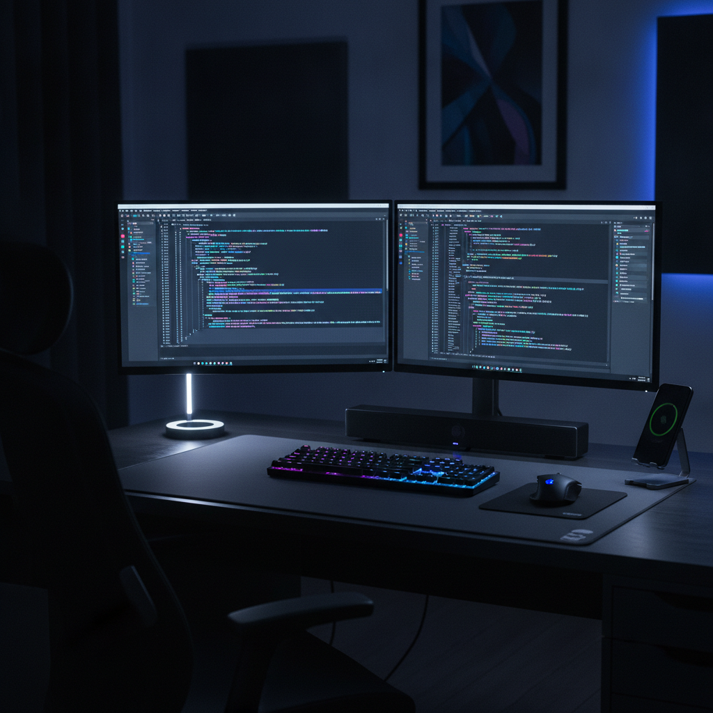 Modern dark-themed dual-monitor coding setup for web development