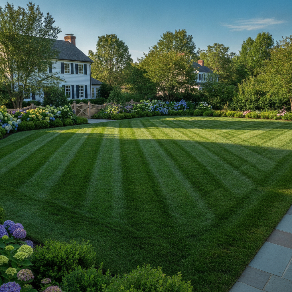 Freshly cut lush green grass lawn with clean manicured stripes and crisp edges in a beautiful suburban yard