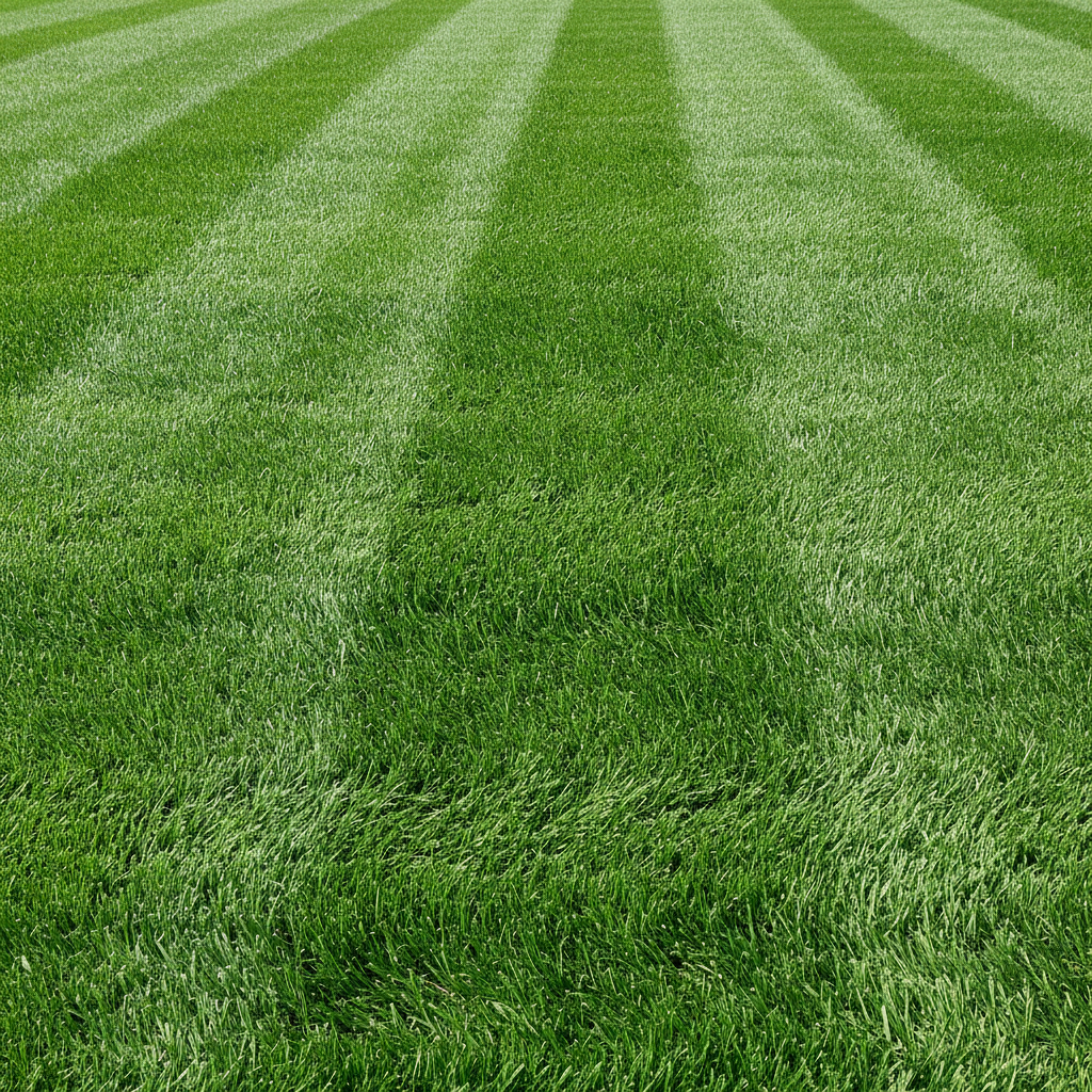 Close up of freshly cut vibrant green grass blades with clean mower stripes and manicured lawn texture