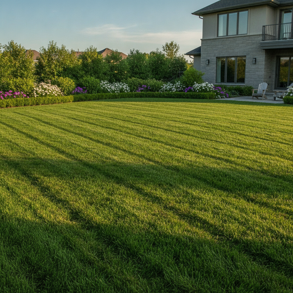 Expansive freshly cut backyard lawn with manicured green grass and diagonal mower stripes