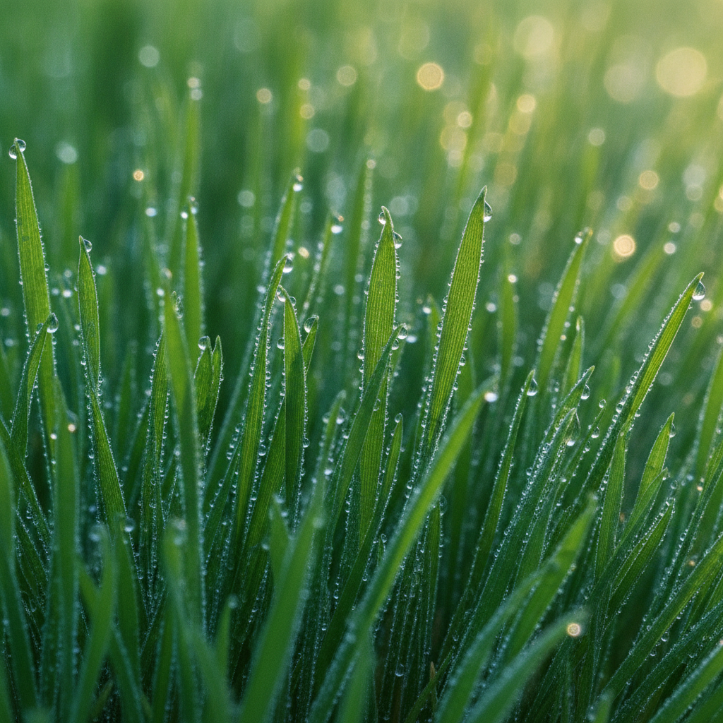 Close up macro of freshly cut vibrant green grass blades with dew drops