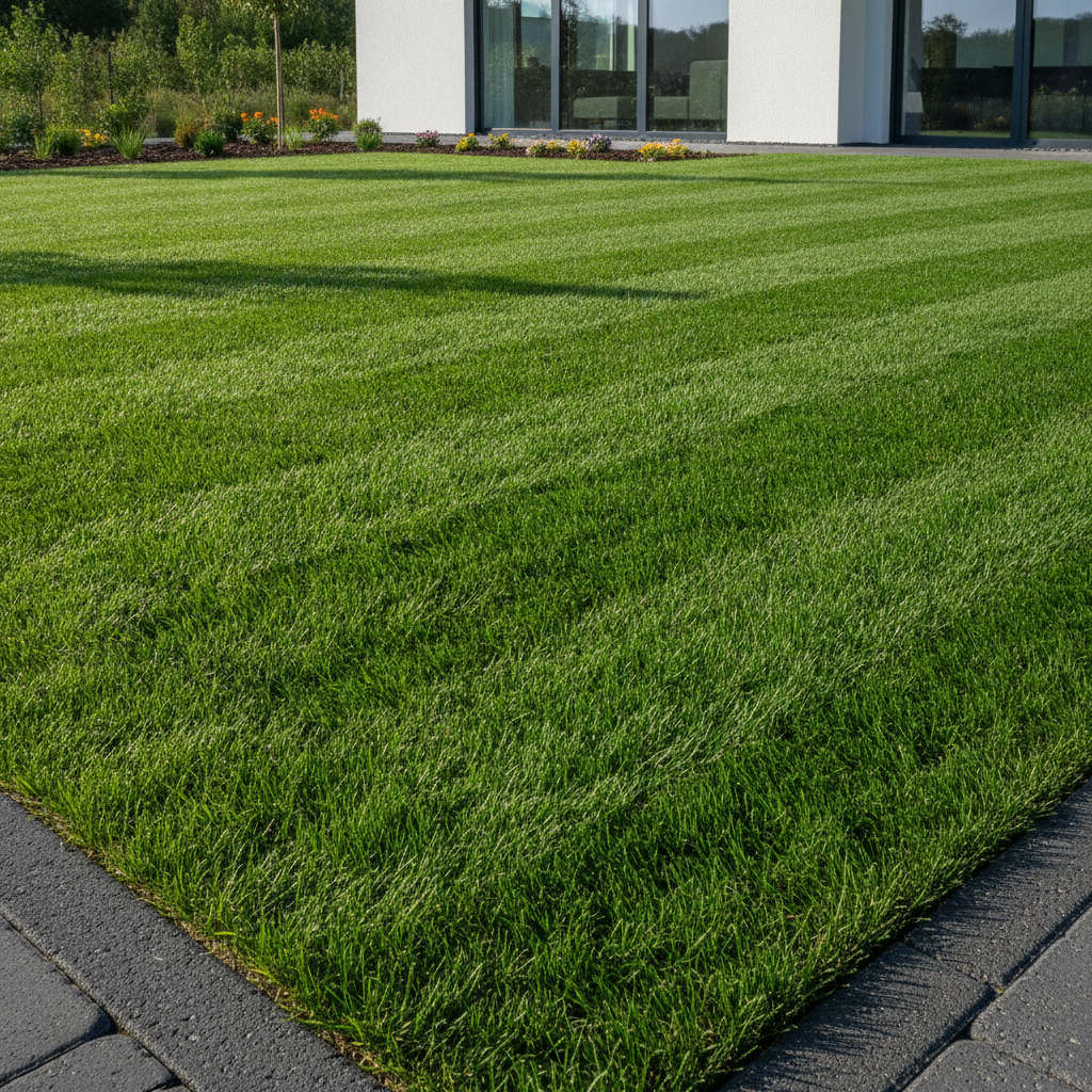 Freshly mowed lush green lawn with perfect parallel mower stripes and crisp clean edges