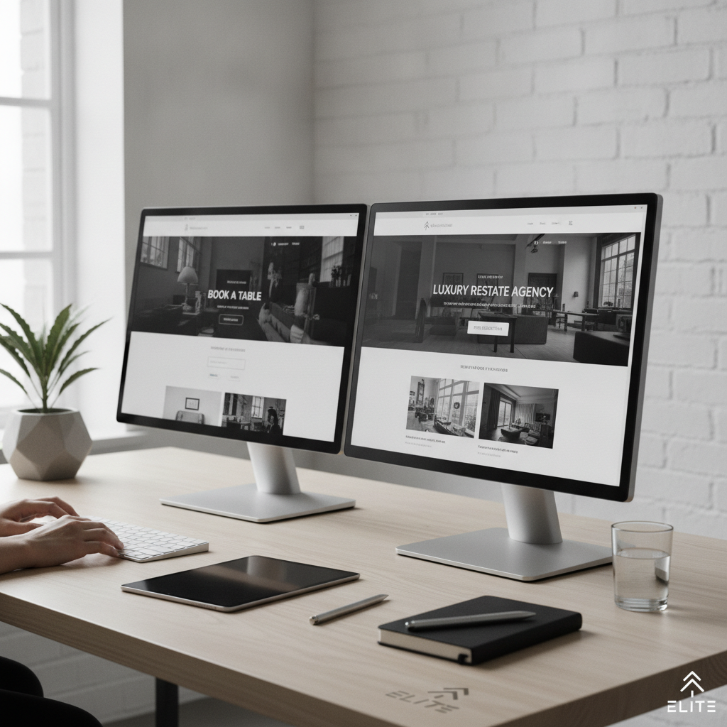 Sleek, minimalist web design agency workspace with dual monitors displaying high-converting local business websites
