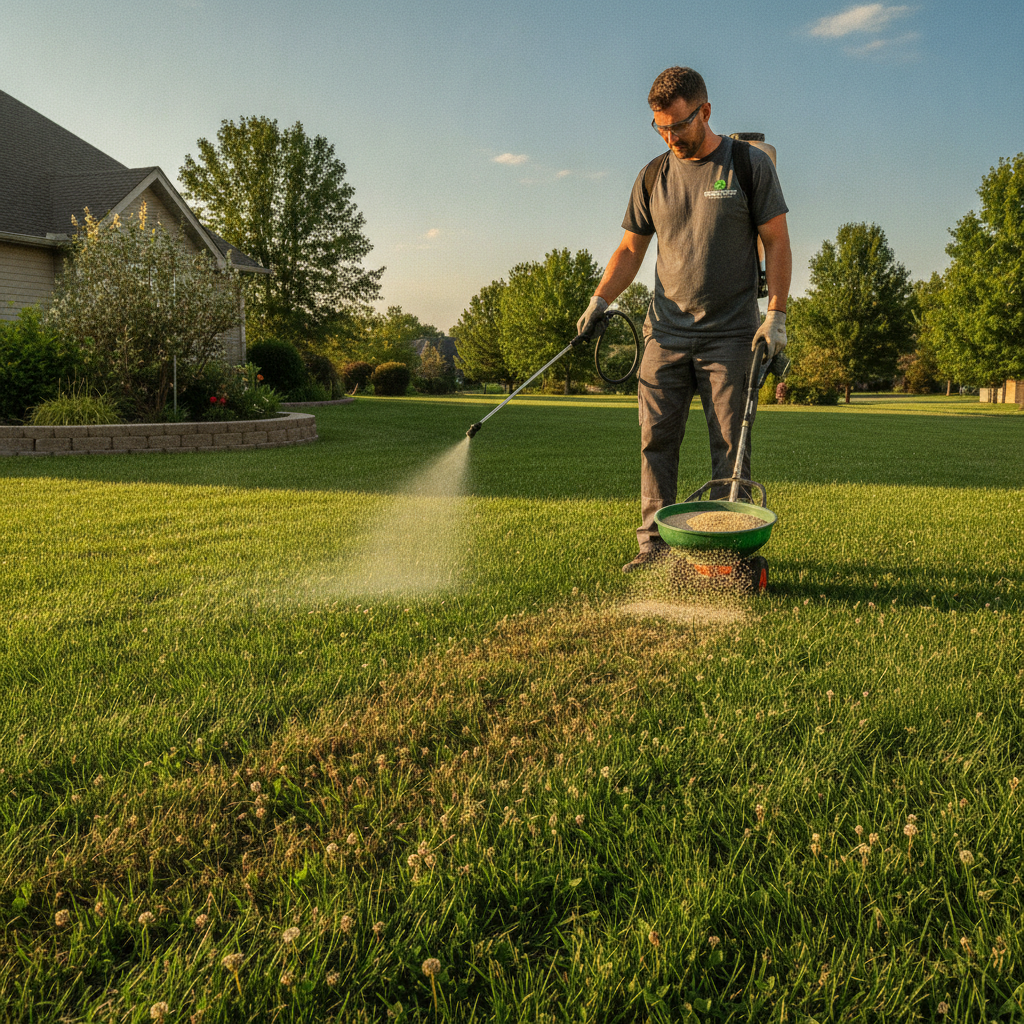Professional weed control and fertilization treatment being applied to lush green Bermuda and Zoysia lawn showing herbicide spray eliminating weeds and granular fertilizer feeding healthy turf grass