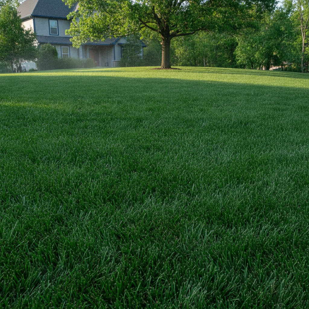 Lush thick emerald green grass showing dramatic results after professional lawn fertilization nutrient treatment program