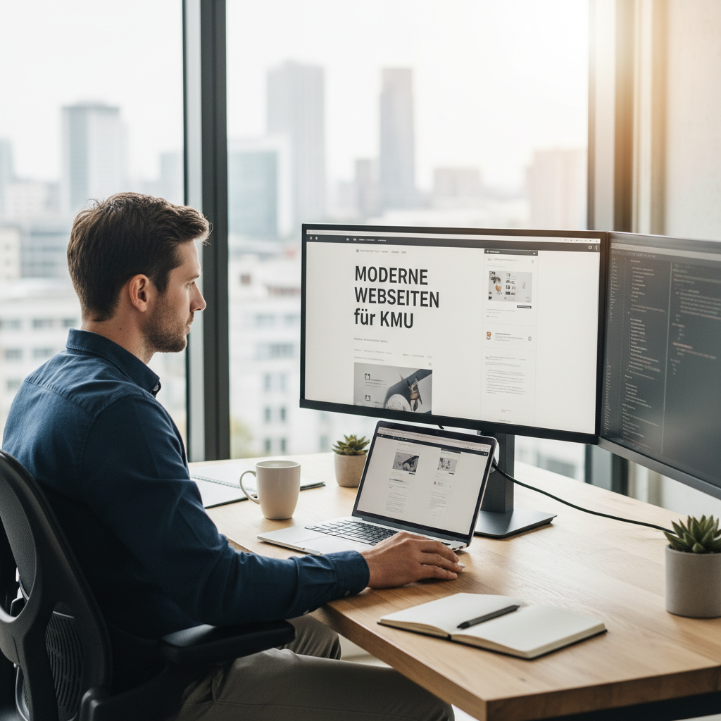 Professioneller Webdesigner am modernen Arbeitsplatz beim Erstellen von Moderne WEBSEITEN für KMU