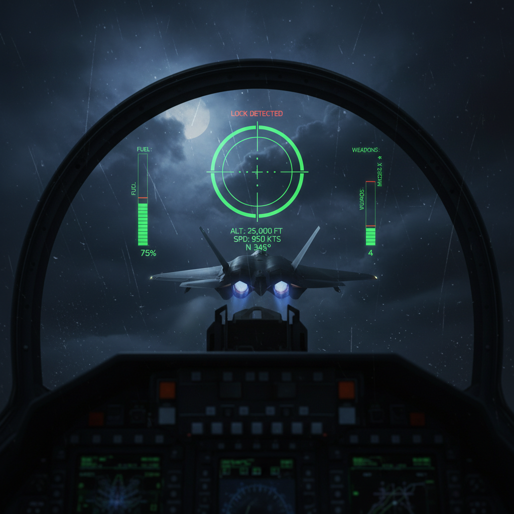Cinematic dark fighter jet heads up display overlay