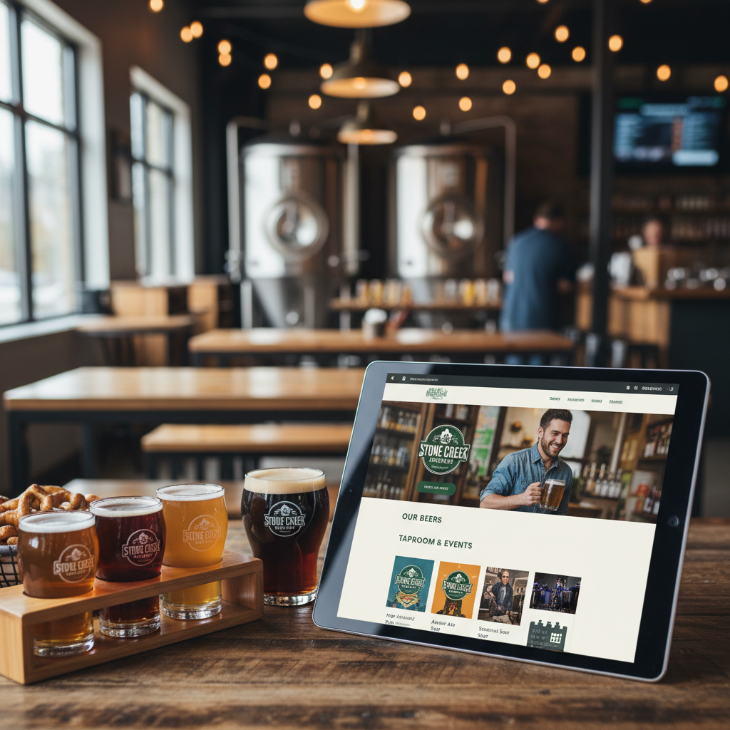 Website design for a local craft brewery showcasing their beers and taproom.