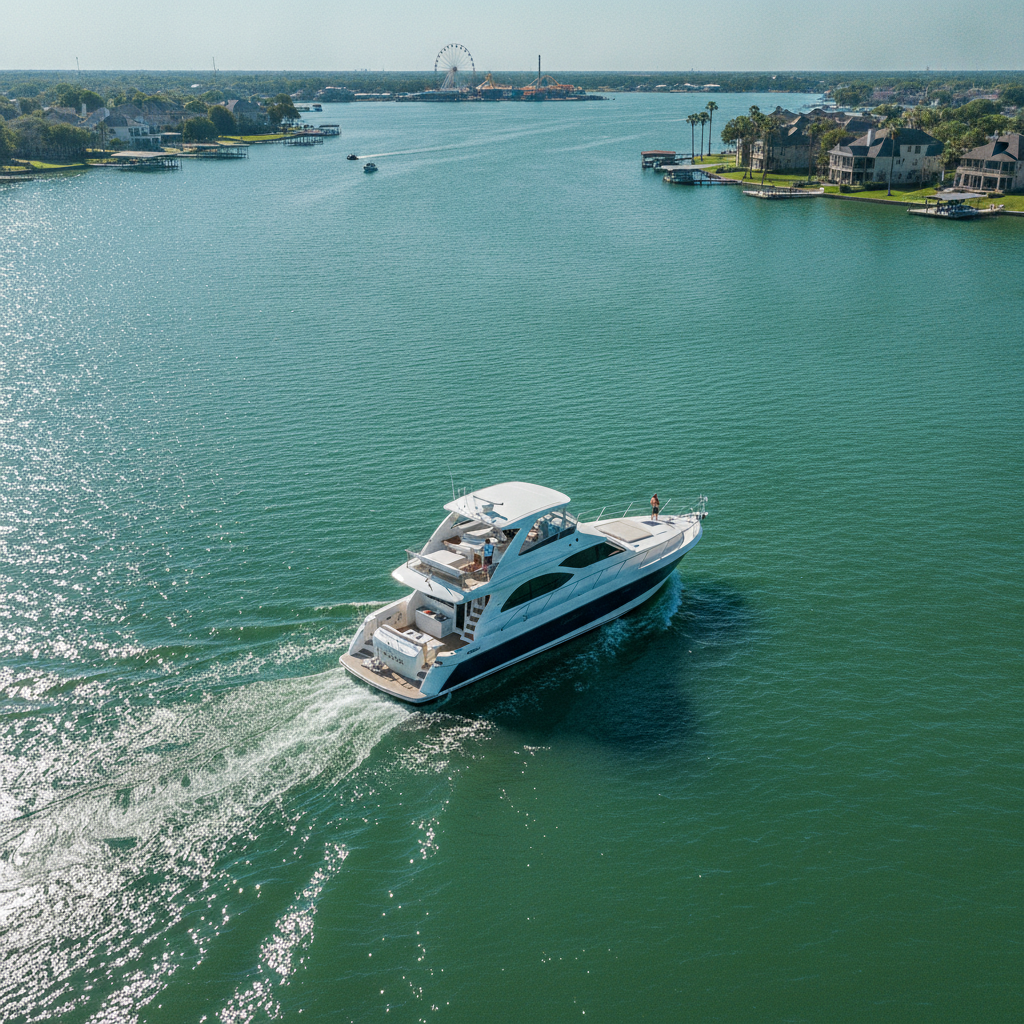 Drone shot of a yacht cruising on Clear Lake during a sunny day