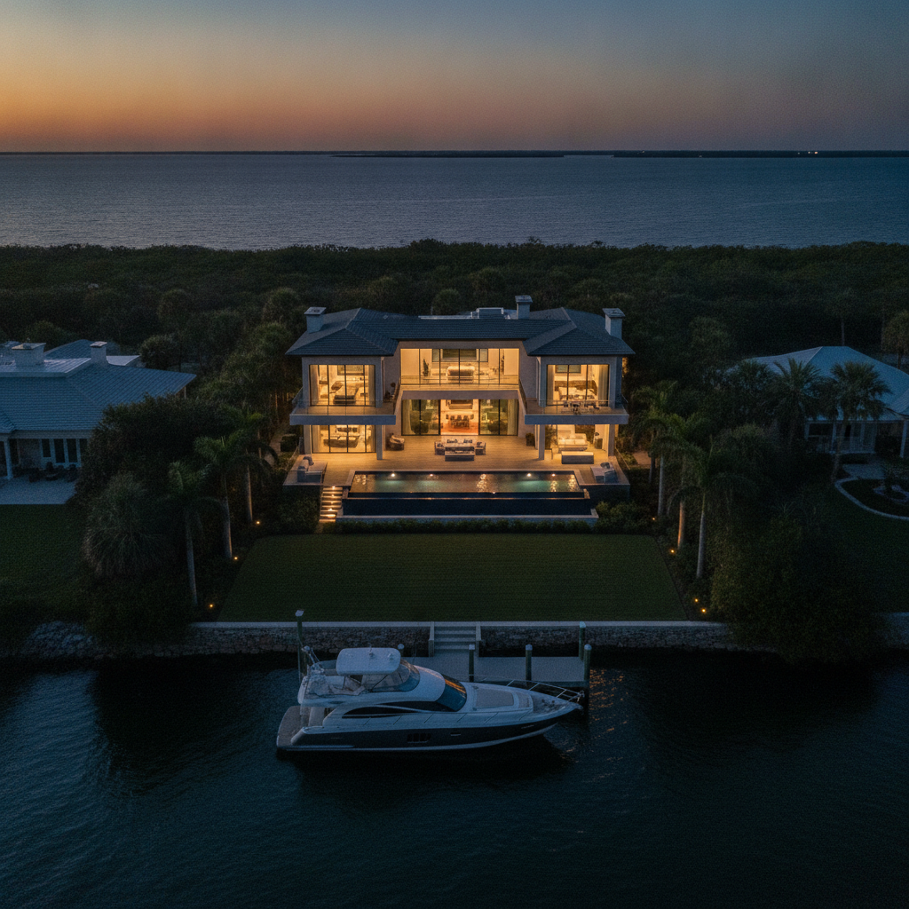Twilight aerial photo of a modern home with glowing interior lights