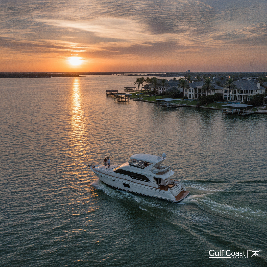 Cinematic aerial view of a luxury boat cruising on the water at sunset in Clear Lake, Texas
