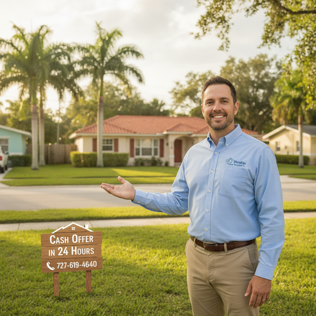 A friendly, professional home buyer from Pinellas Home Buyers FL smiling in a local Florida neighborhood