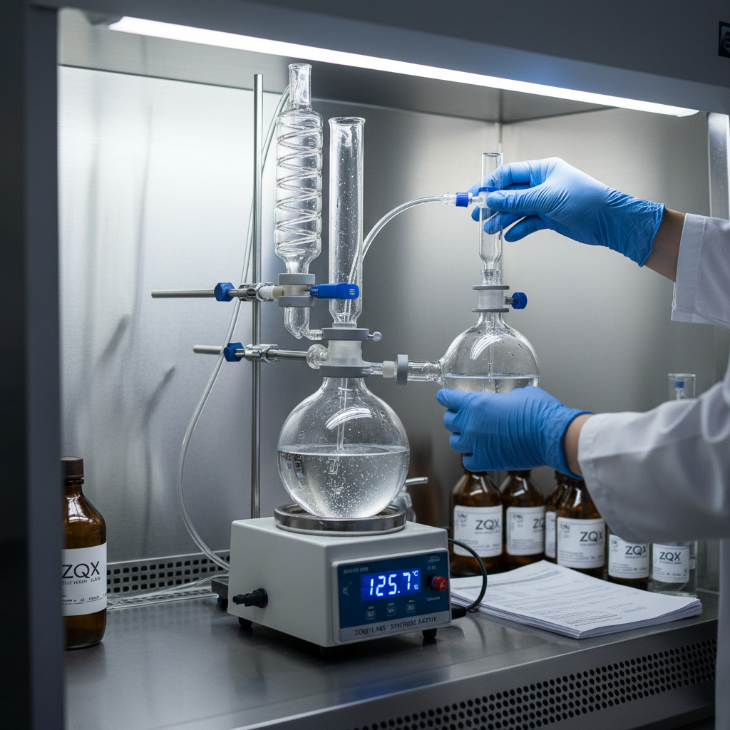 Laboratory glassware with reflux condenser performing custom molecular synthesis inside a sterile fume hood, scientist hands in blue nitrile gloves manipulating a round-bottom flask containing a clear chemical compound