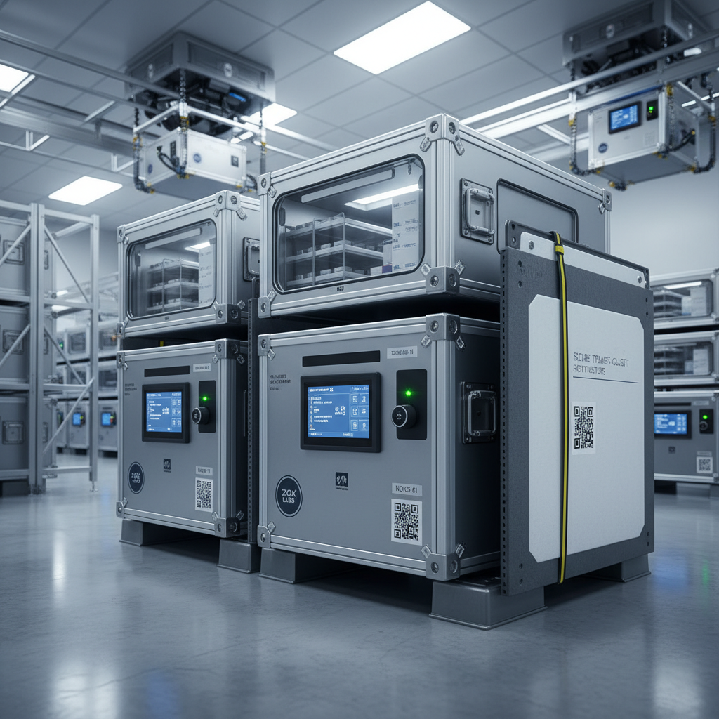 Climate-controlled secure pharmaceutical shipping containers with temperature monitoring sensors in a sterile warehouse facility, chain-of-custody packaging architecture