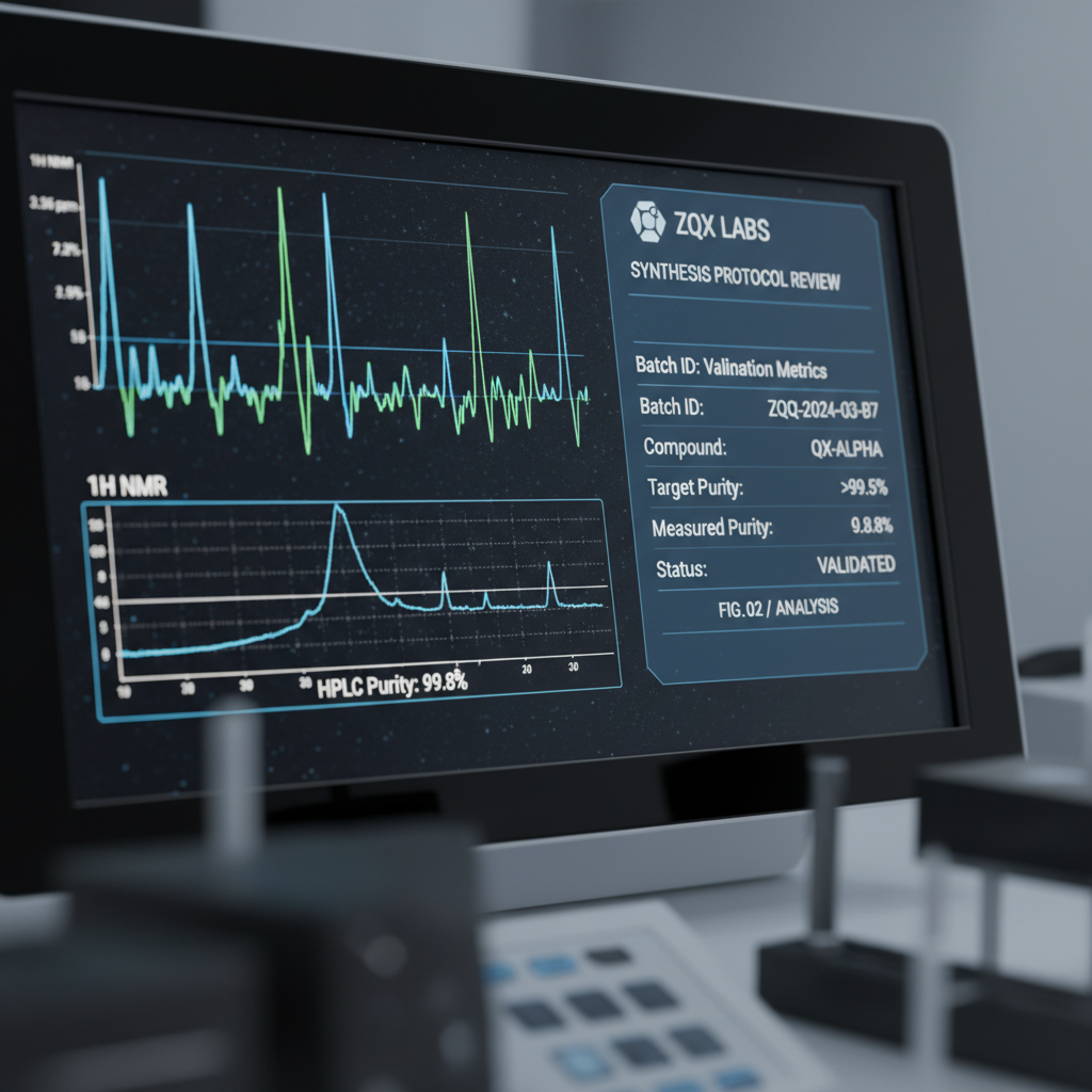 Close-up of NMR spectroscopy machine display showing molecular signature peaks and chromatography readout, scientific data analysis screen with batch validation metrics