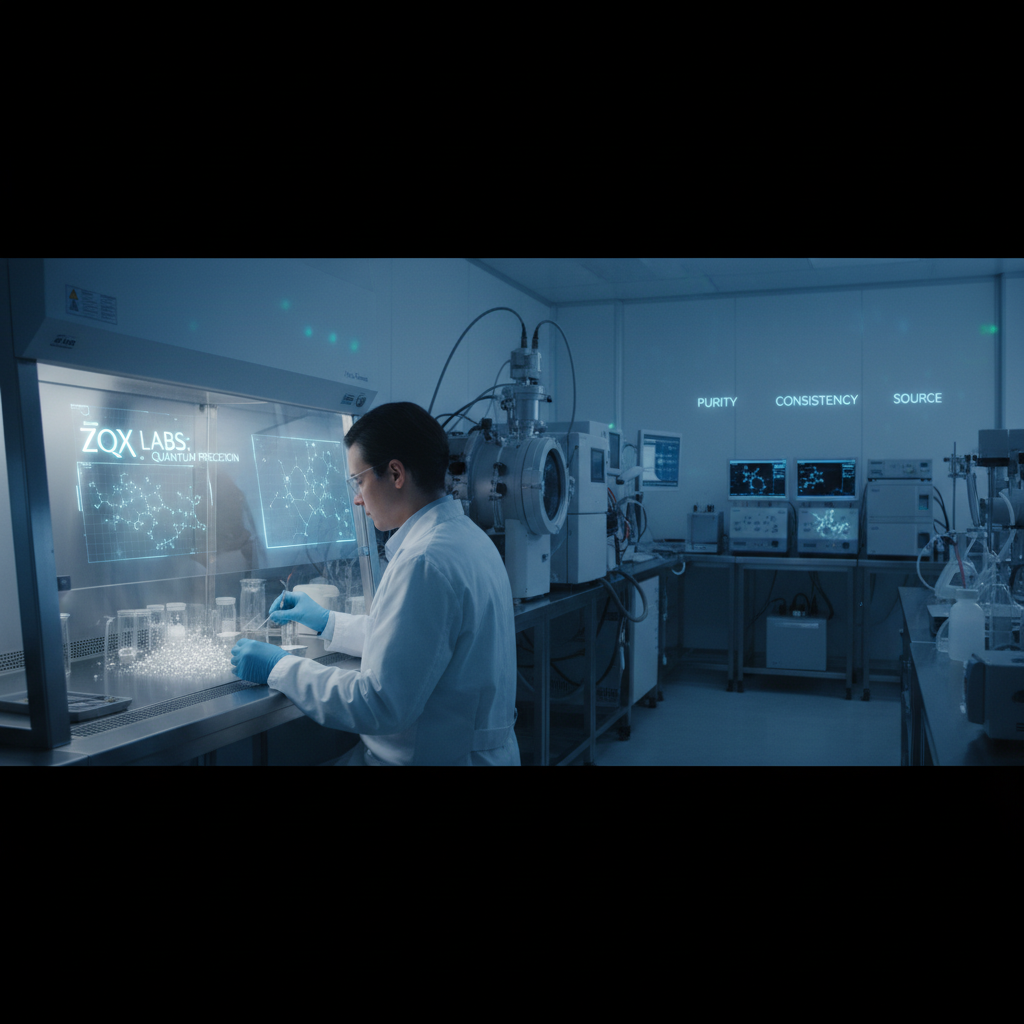Scientist in white lab coat working with high-purity crystalline compound under sterile laboratory conditions with advanced spectroscopy equipment, mass spectrometer and analytical instruments in background