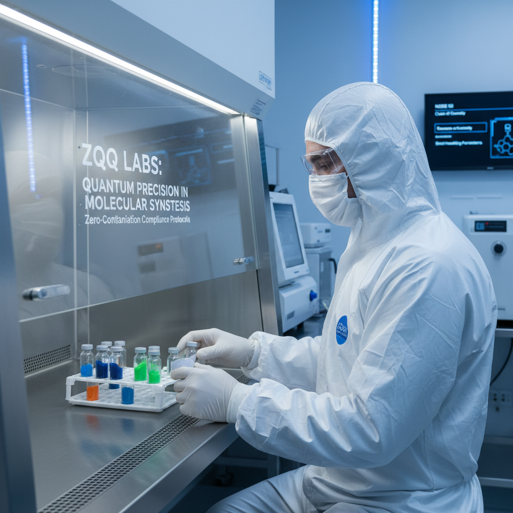 Scientist in full PPE handling research compound vials in a controlled cleanroom laboratory with strict zero-contamination compliance protocols
