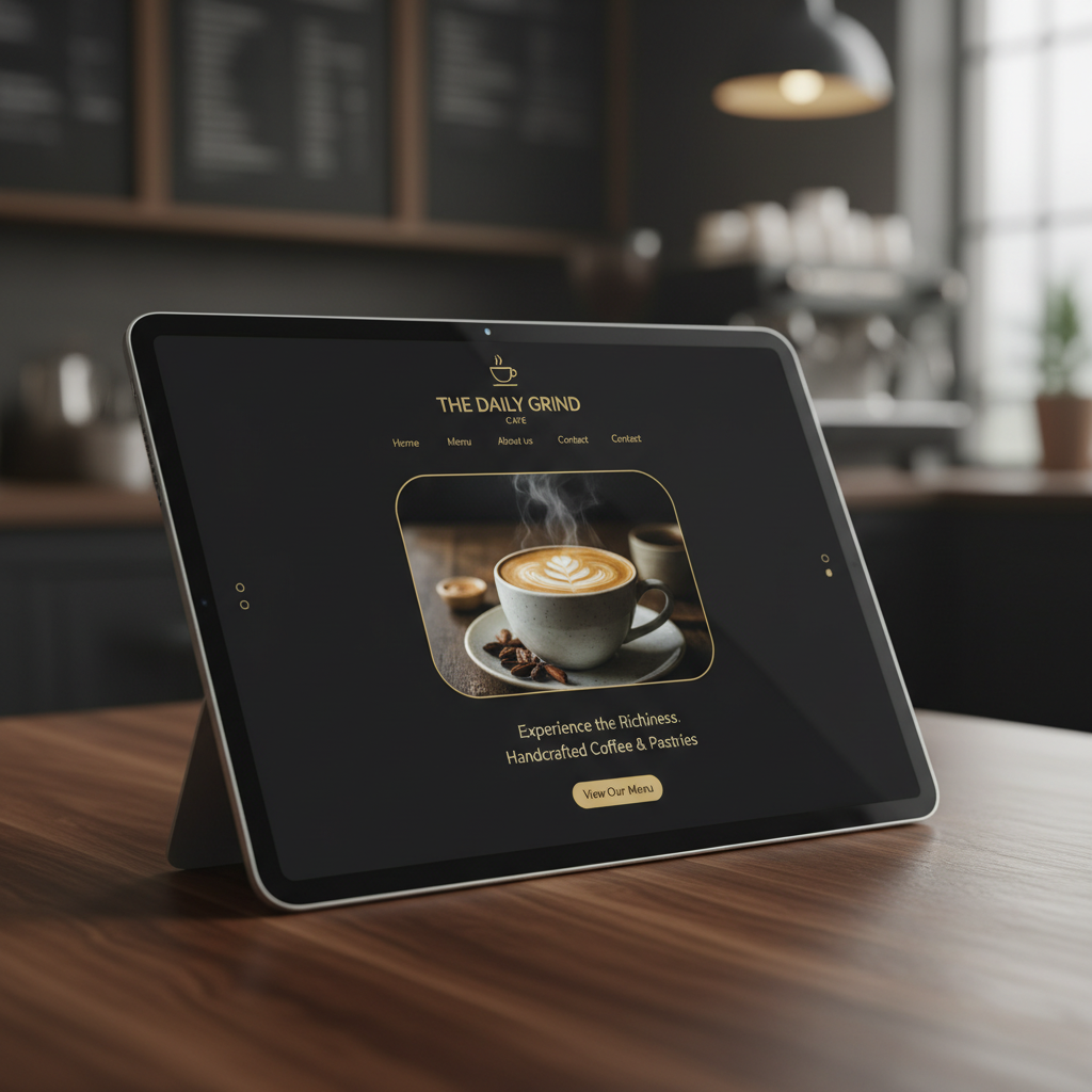 Elegant dark mode website design for a boutique coffee shop displayed on a tablet