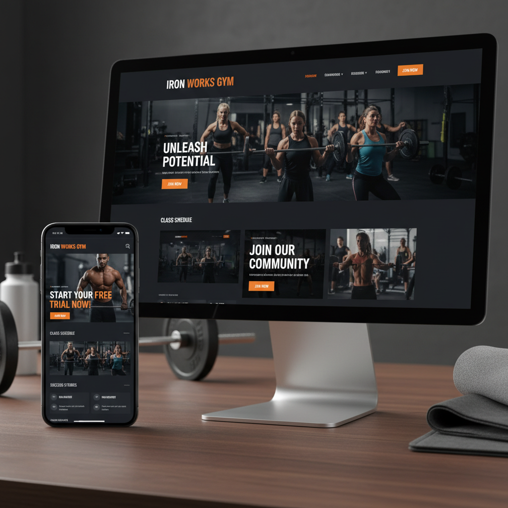 High-energy conversion focused website for a local fitness gym displayed on a mobile phone and desktop