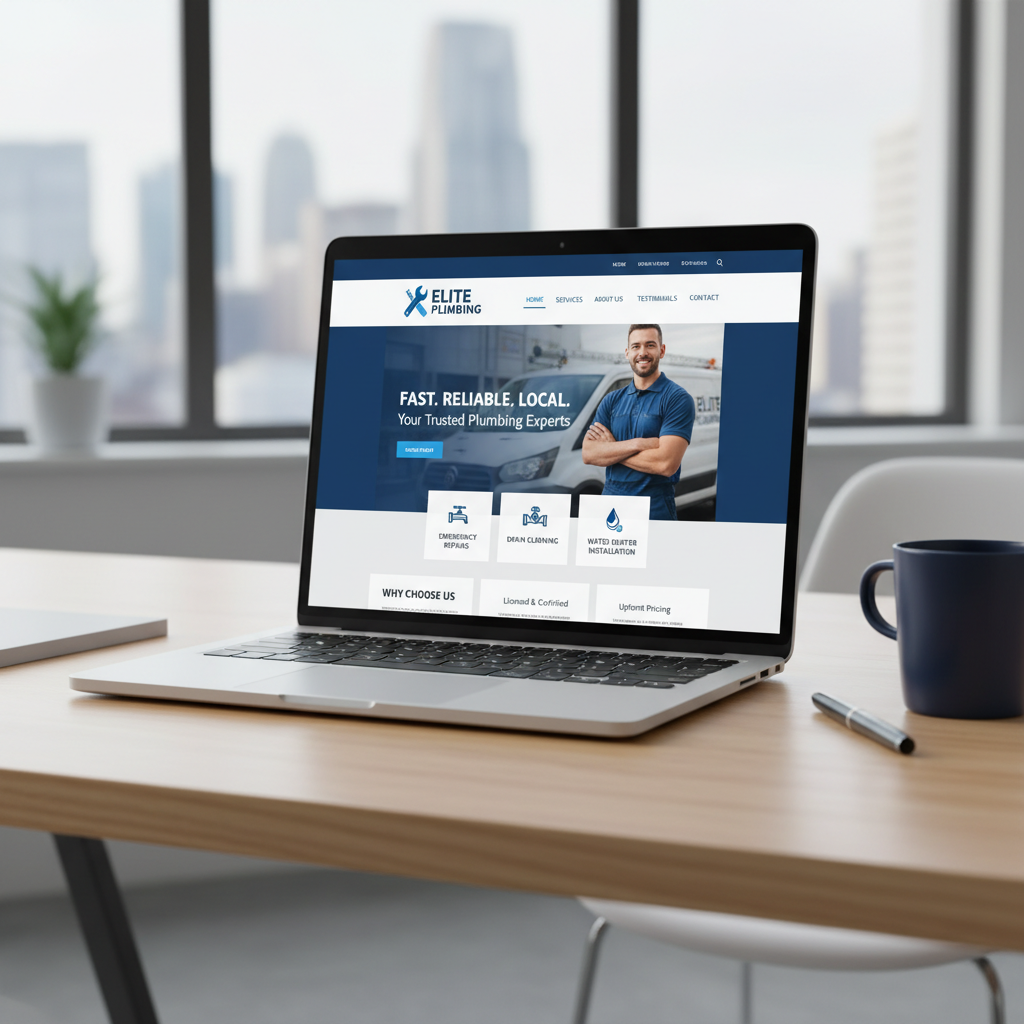 Modern clean website design mockup for a local plumbing service displayed on a laptop screen