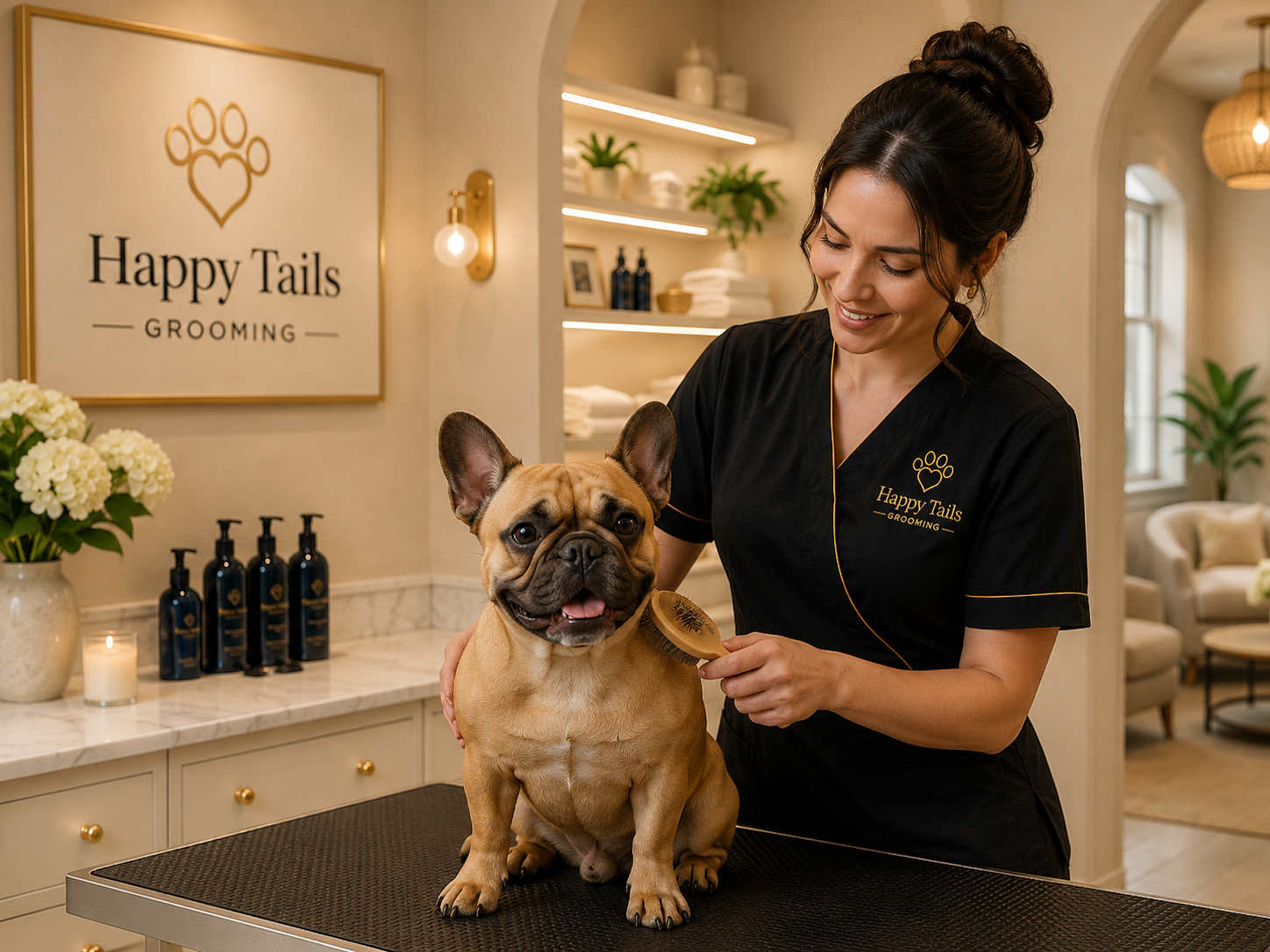 Happy Tails Grooming salon interior and grooming process in San Antonio