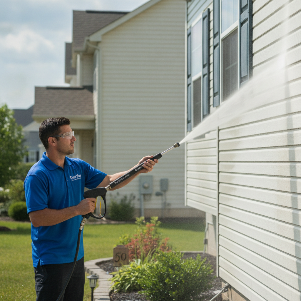 Professional ClearView technician using a pressure washer to clean the exterior siding of a residential home, water spray arc clearly visible against the house
