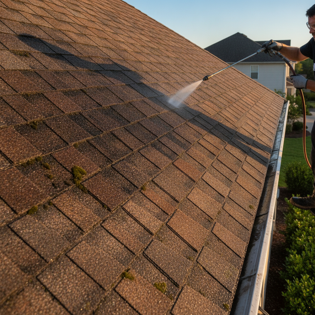 Asphalt shingle roof soft wash cleaning removing black algae streaks revealing original shingle color