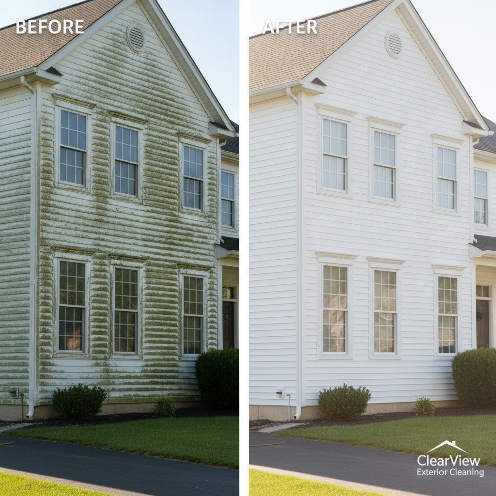 Before and after residential vinyl siding restoration from algae-covered green to brilliant white finish