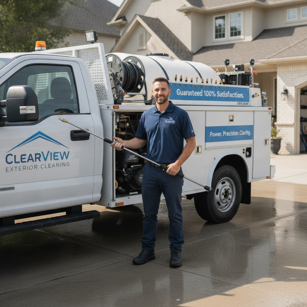Kaden, founder of ClearView Exterior Cleaning, standing next to professional pressure washing equipment truck
