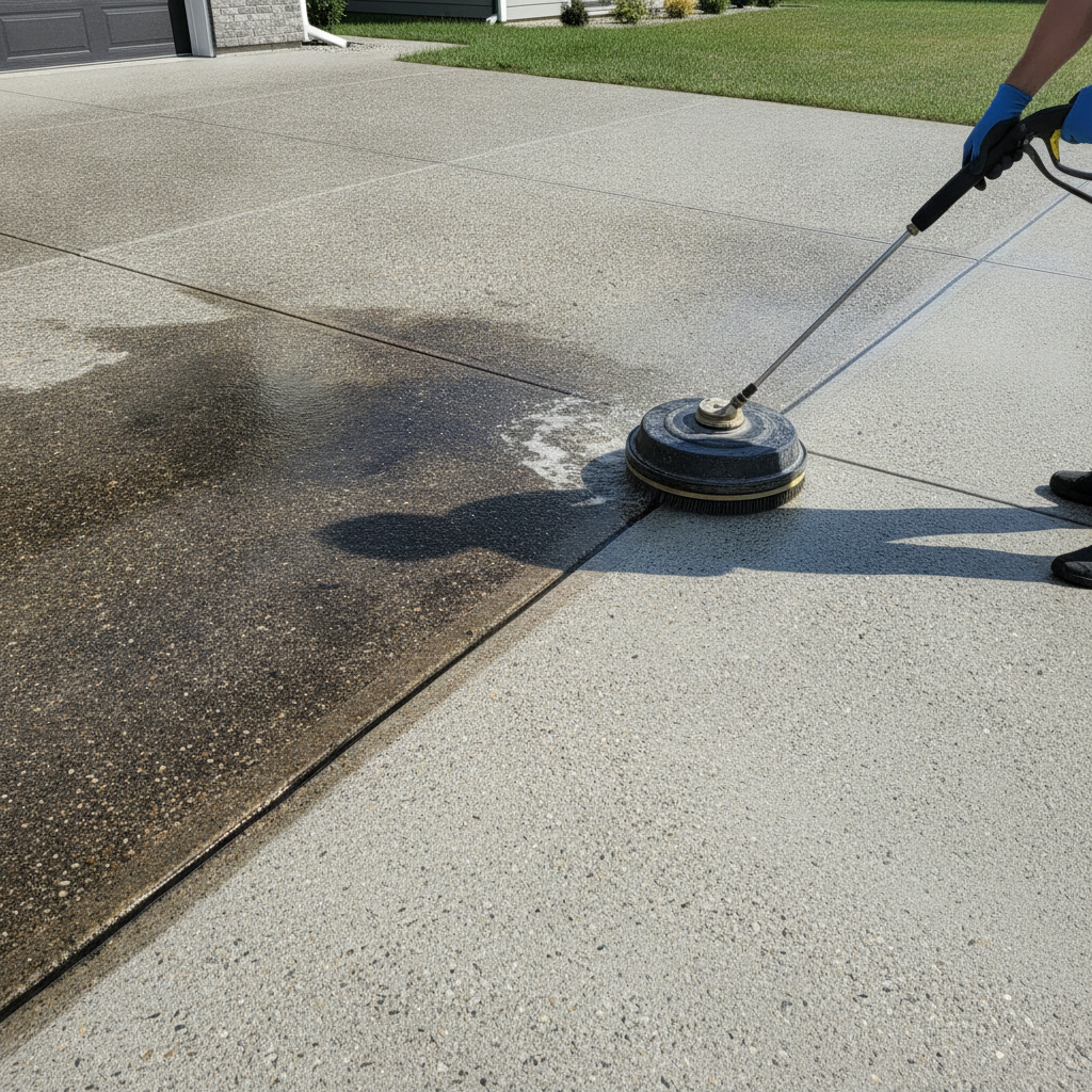 Concrete driveway transformation from oil-stained black to spotless gray finish using surface cleaner