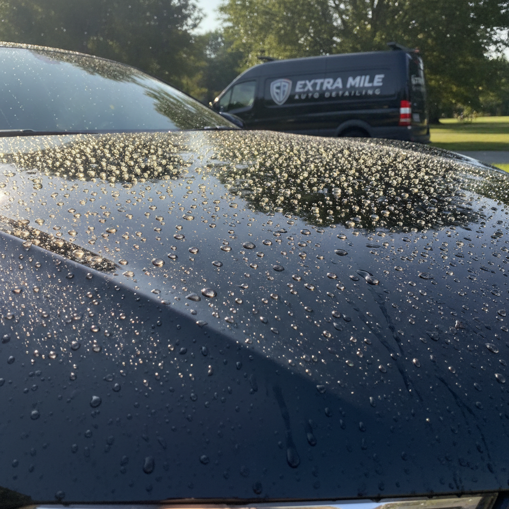Water beading on a ceramic-coated black vehicle