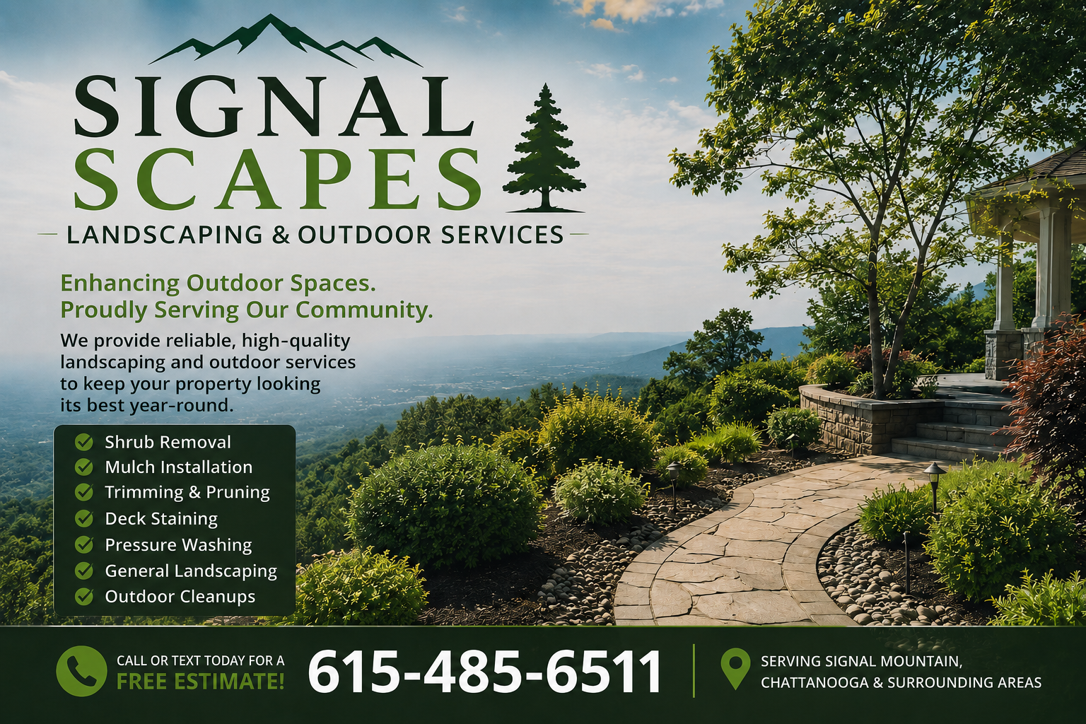 Beautifully landscaped front yard featuring fresh green sod, premium dark mulch beds, and custom decorative stone design
