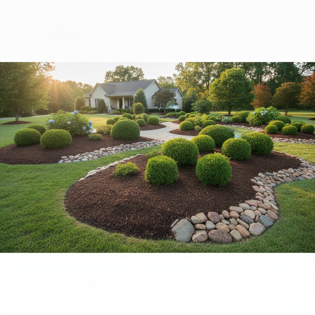 Beautifully designed landscape featuring fresh dark mulch beds bordered by natural decorative stone and manicured shrubs
