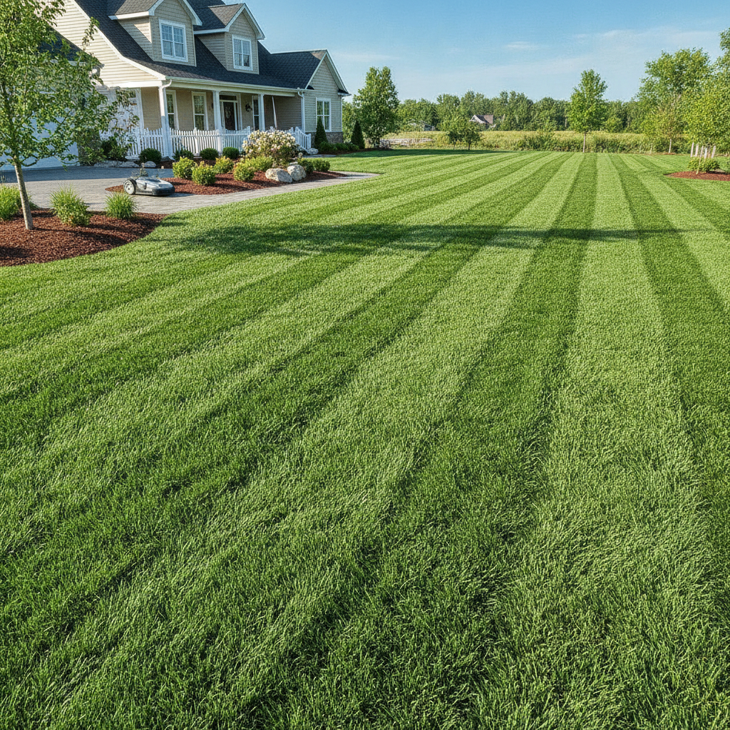 Pristine freshly mowed green lawn with crisp clean edges and perfect stripe patterns across a residential yard