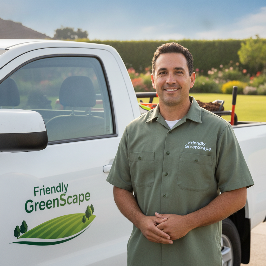 Friendly GreenScape landscaper in uniform smiling next to clean company truck