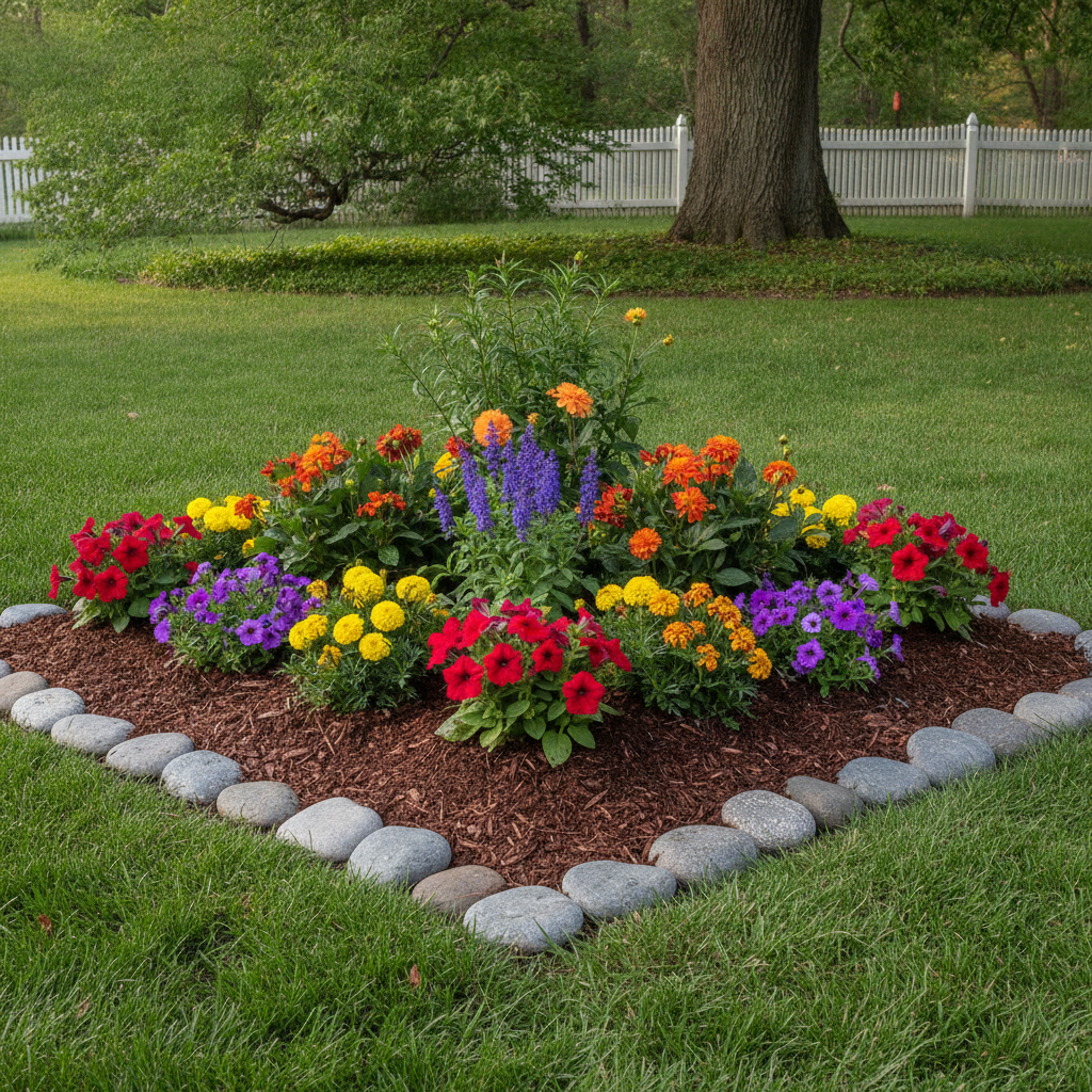 Newly installed vibrant flower bed with fresh dark mulch and stone edging