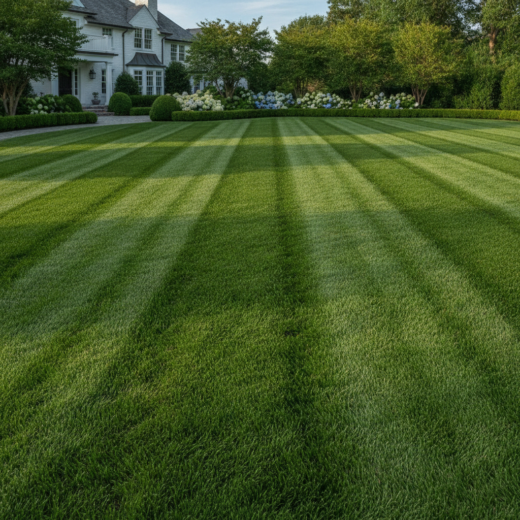 Beautifully manicured green lawn with perfect mowing stripes by professional landscapers