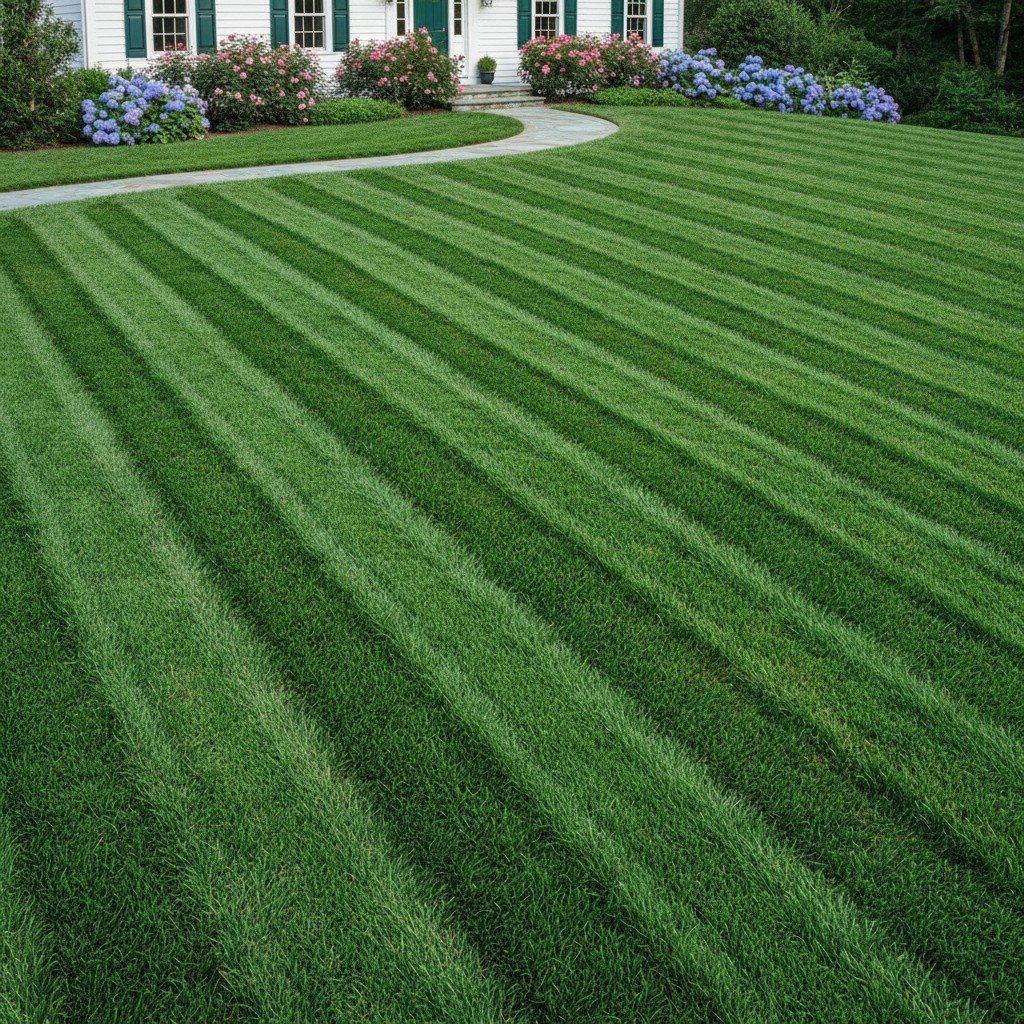 Perfectly manicured suburban lawn with sharp, diagonal stripes