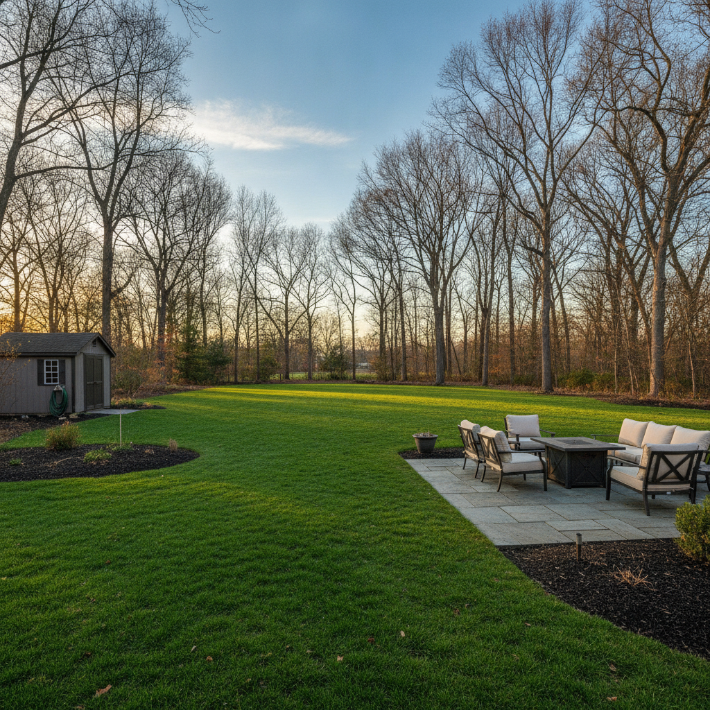 Pristine, expansive backyard after a complete fall leaf cleanup service