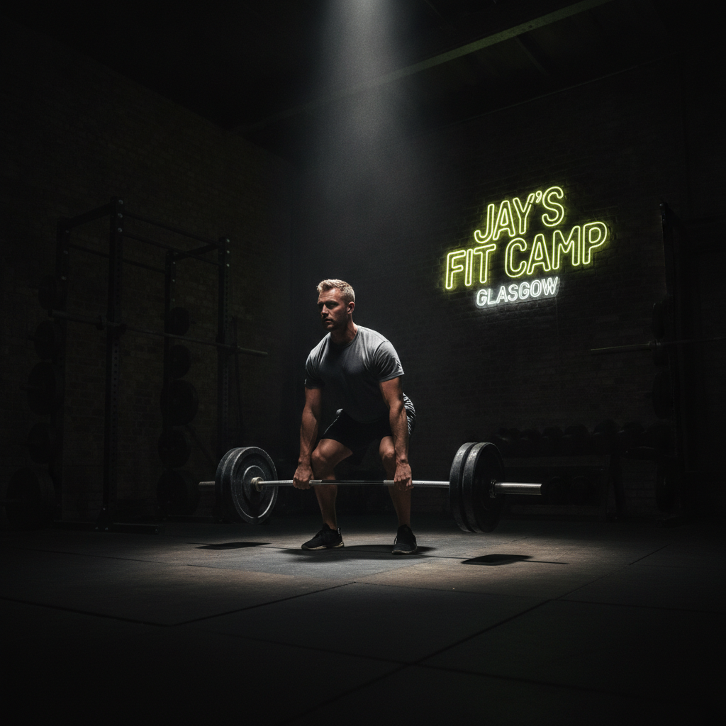 Muscular athlete performing heavy barbell deadlift under dramatic spotlight in Jay's Fit Camp Glasgow training studio