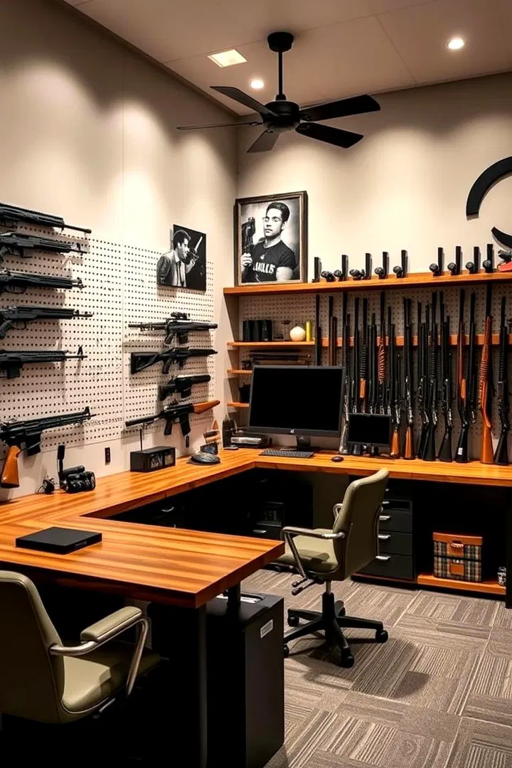 Discreet and professional consultation room with a secure gun safe and leather chairs