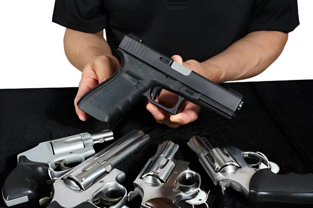 Close-up of official ATF Form 4473 firearm transfer paperwork and a pen