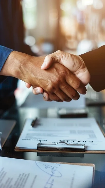 A discreet, professional handshake sealing a transaction in a private office